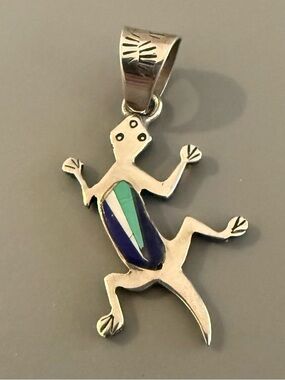Native American Pendant Lizard Gecko Sterling Silver Inlay Gemstones SIGNED